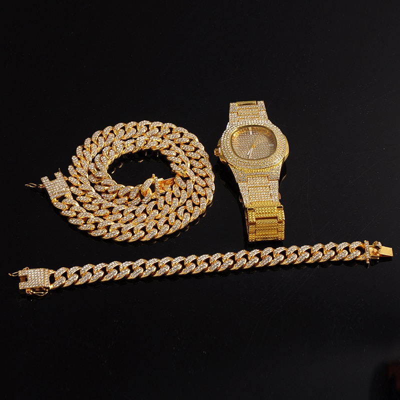 Gold / Silver Necklace+Watch+Bracelet Iced Hip-Hop Style Jewelry Set Gold / Silver Necklace+Watch+Bracelet Iced Hip-Hop Style Jewelry Set