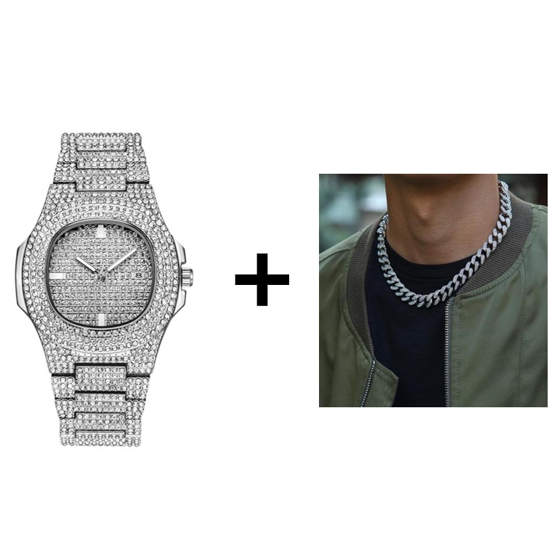 Gold / Silver Necklace+Watch+Bracelet Iced Hip-Hop Style Jewelry Set Gold / Silver Necklace+Watch+Bracelet Iced Hip-Hop Style Jewelry Set