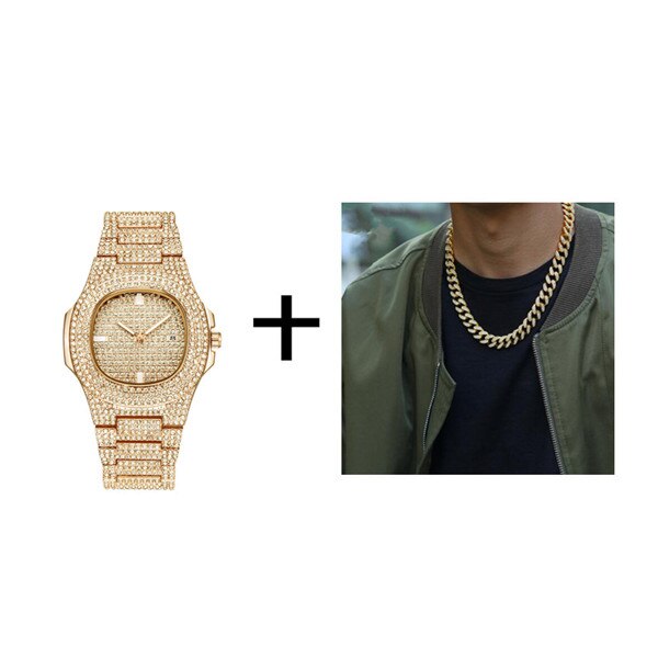 Gold / Silver Necklace+Watch+Bracelet Iced Hip-Hop Style Jewelry Set Gold / Silver Necklace+Watch+Bracelet Iced Hip-Hop Style Jewelry Set