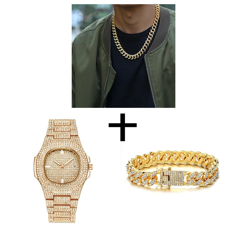 Gold / Silver Necklace+Watch+Bracelet Iced Hip-Hop Style Jewelry Set Gold / Silver Necklace+Watch+Bracelet Iced Hip-Hop Style Jewelry Set