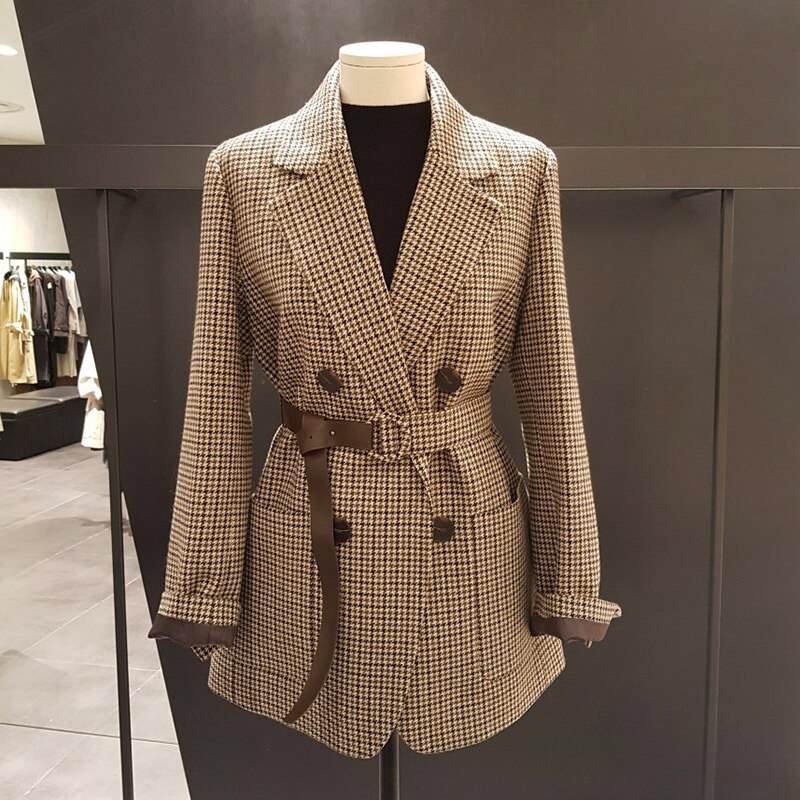 Plaid Women's Blazer with Belt Plaid Women's Blazer with Belt