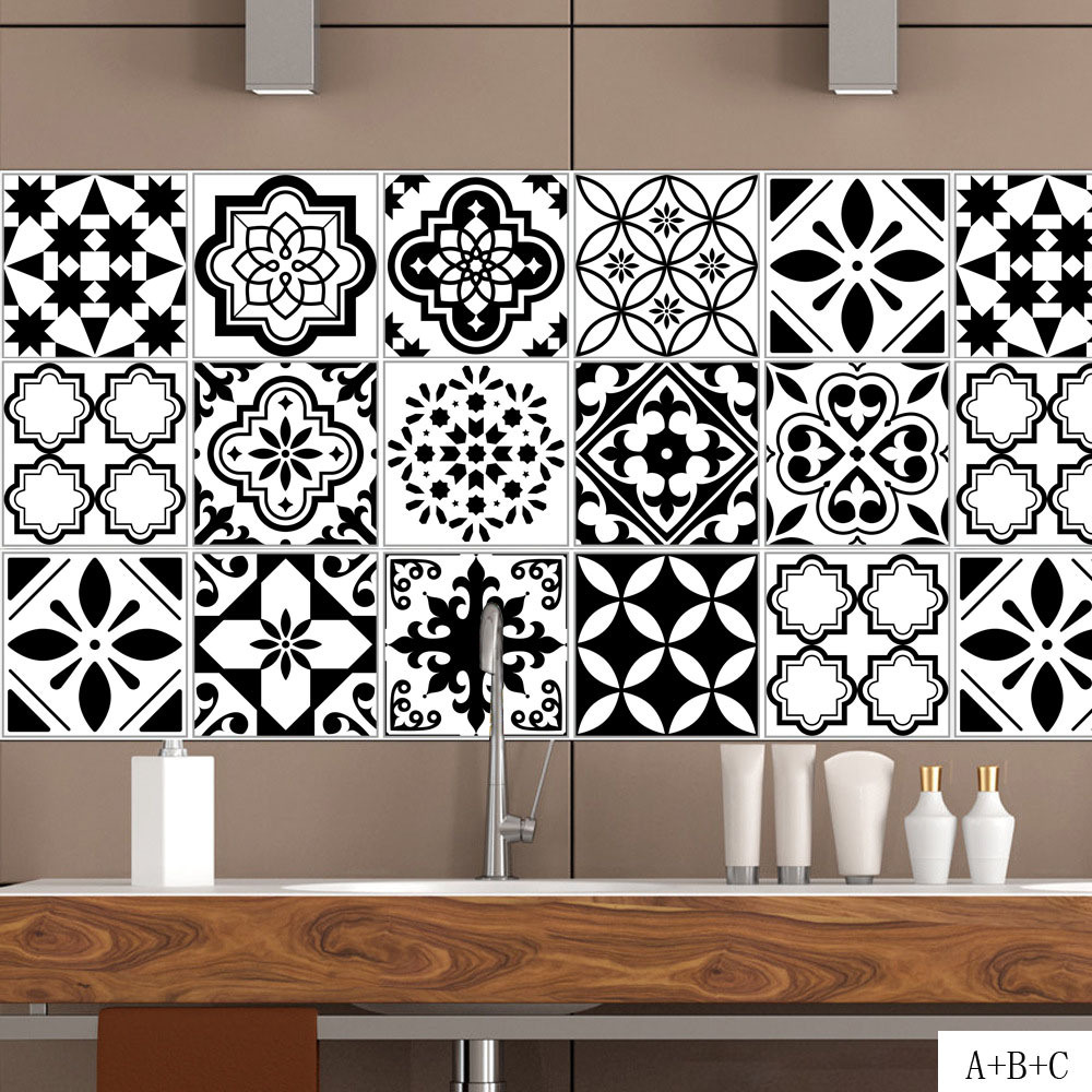 Retro Black and White Patterned Tile Stickers