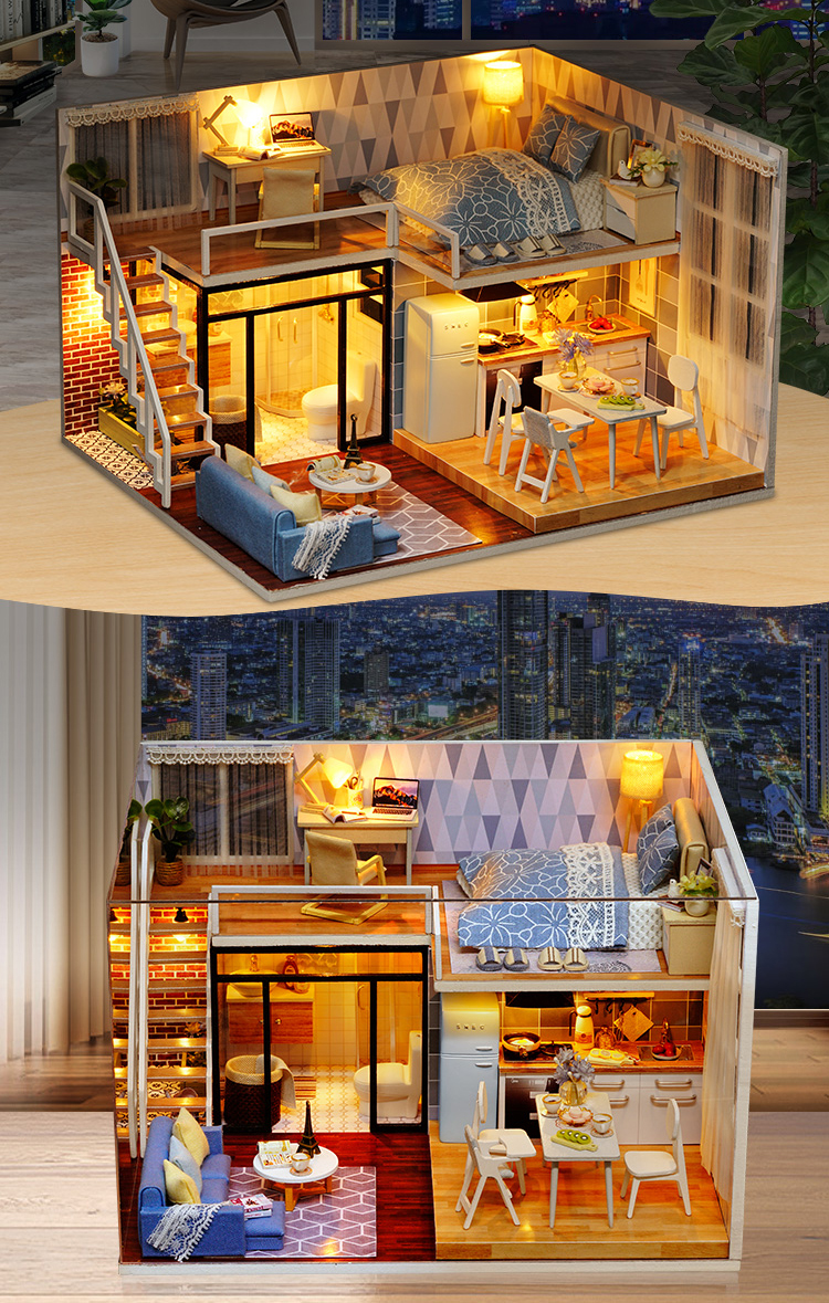 Modern Wooden DIY Doll House with LED Light