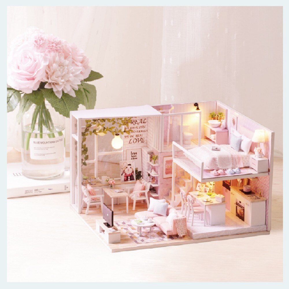 Modern Wooden DIY Doll House with LED Light