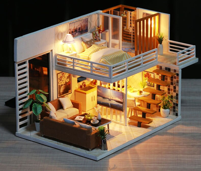 Modern Wooden DIY Doll House with LED Light