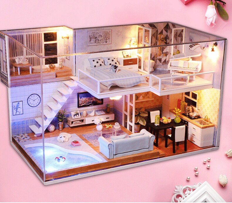 Modern Wooden DIY Doll House with LED Light