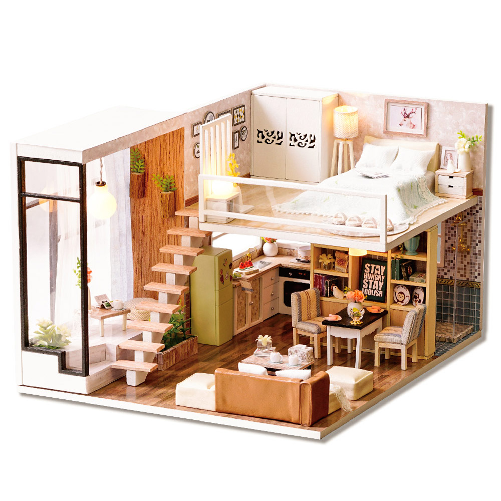 Modern Wooden DIY Doll House with LED Light