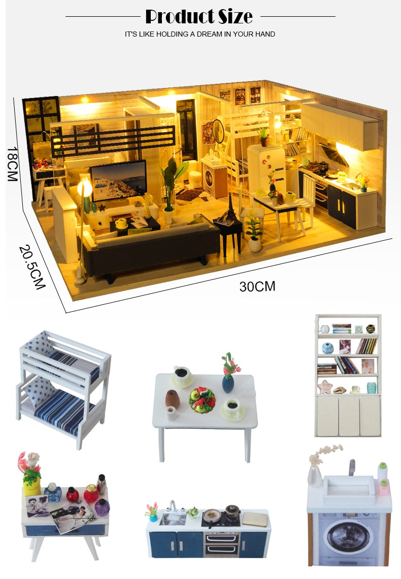 Miniature DIY Doll House with Dust Cover and Music Box Kit
