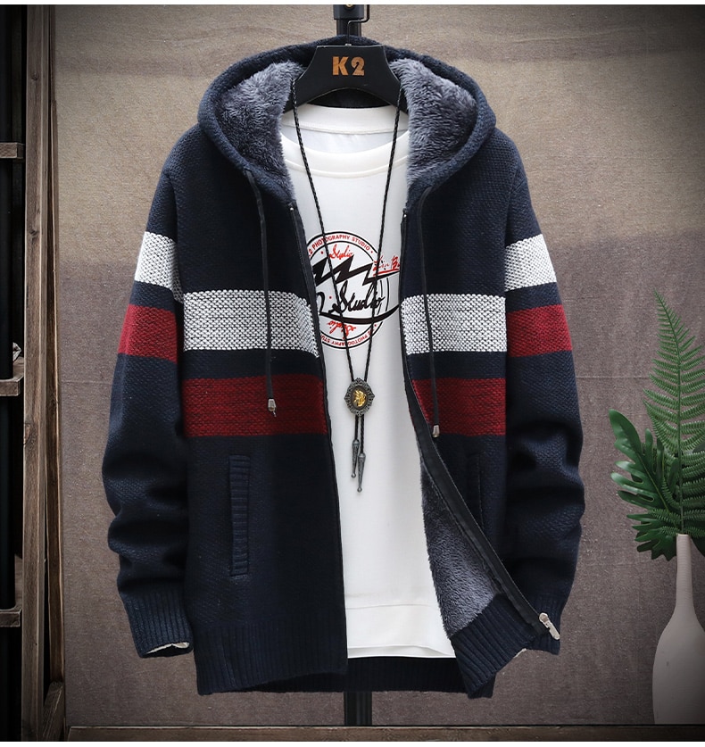 Men's Striped Warm Zipper Hoodie