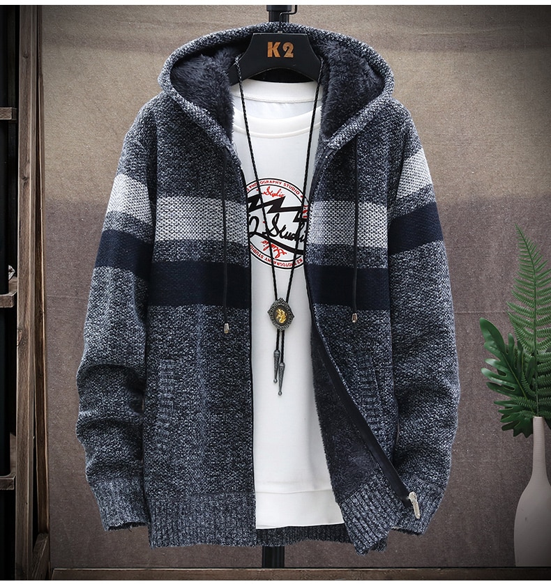 Men's Striped Warm Zipper Hoodie