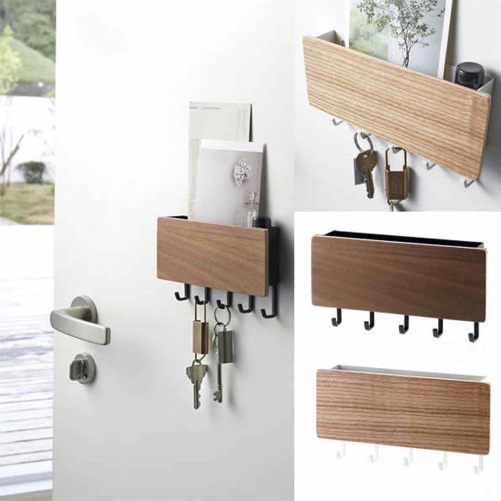 Wall Mounted Wood Colored Rack with Hooks