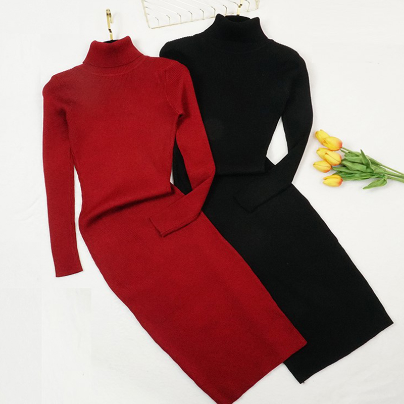 Women's Knitted Solid Color Turtleneck Dress Women's Knitted Solid Color Turtleneck Dress