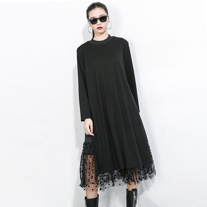 Women's Black Mesh Split Joint Dress with Stand Collar