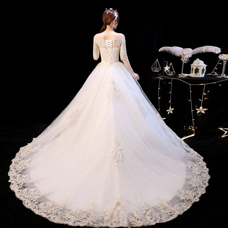 Elegant Boat Neck Champagne Wedding Dress for Women