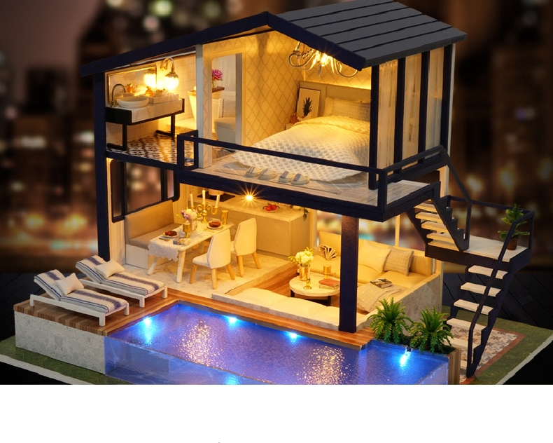 Modern Miniature Wooden DIY Doll House with Furniture