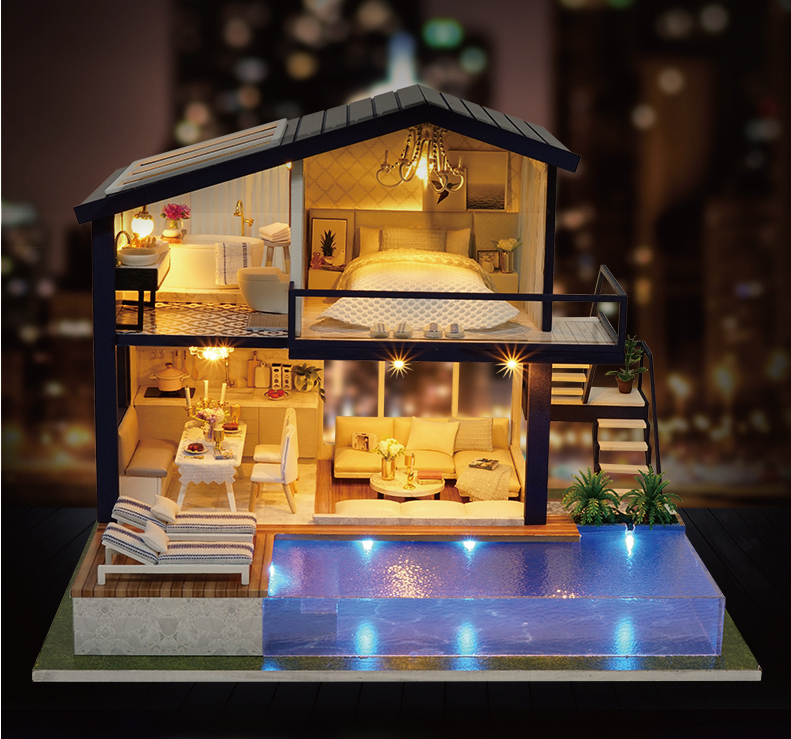 Modern Miniature Wooden DIY Doll House with Furniture