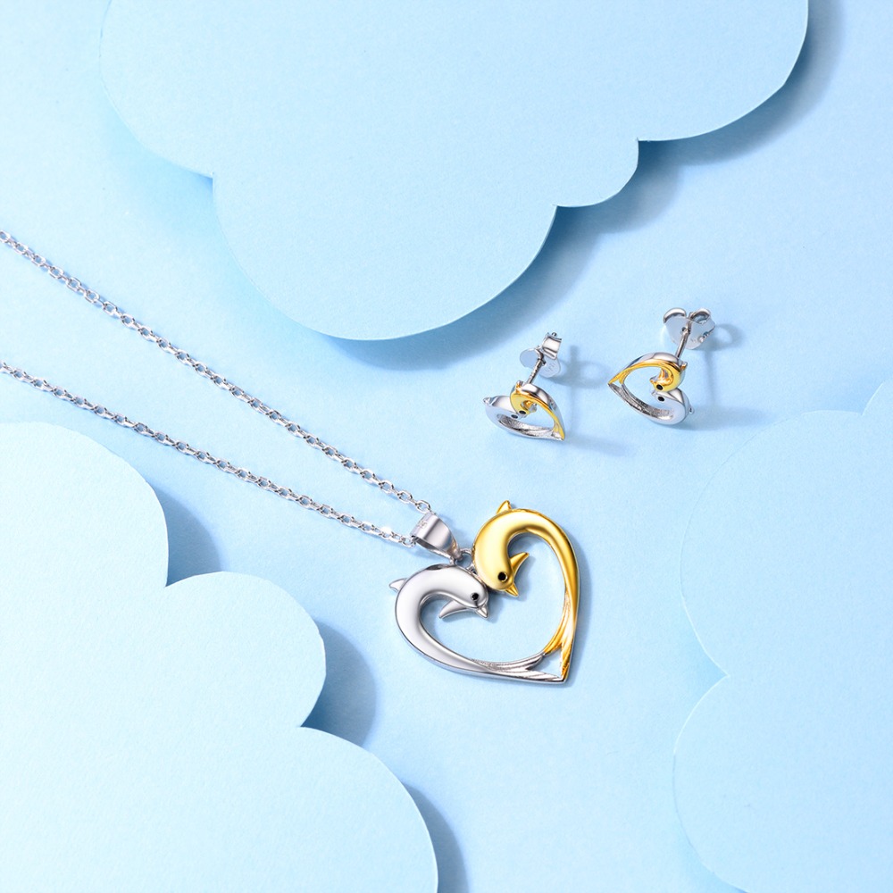 Women's Dolphin Heart Design Sterling Silver Jewelry Set