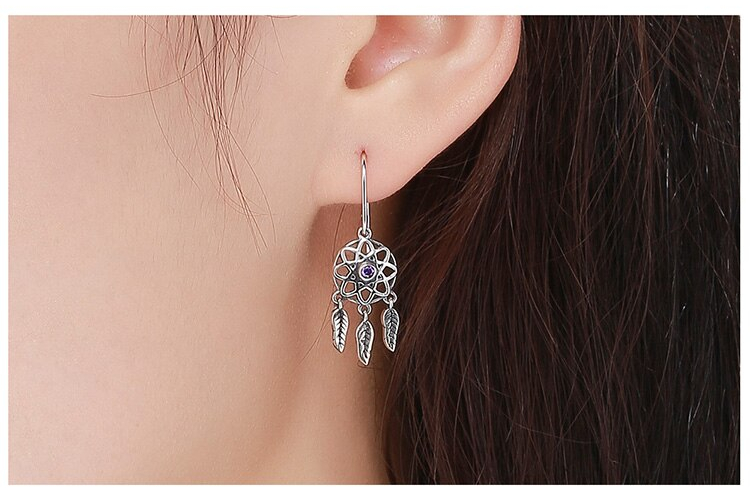 Women's Sterling Silver Boho Dream Catcher Shaped Drop Earrings Women's Sterling Silver Boho Dream Catcher Shaped Drop Earrings