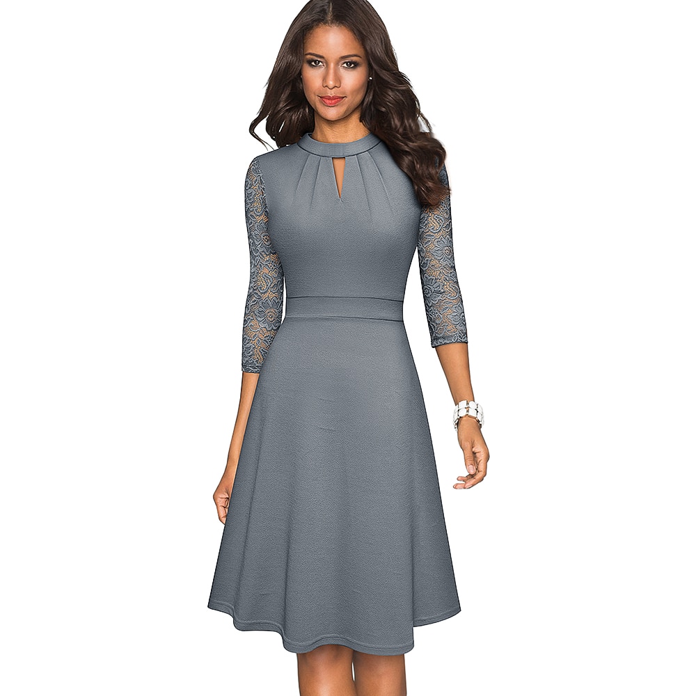 Solid Color Hollow Out Women's Dress with Lace Sleeves