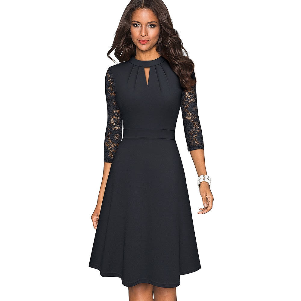 Solid Color Hollow Out Women's Dress with Lace Sleeves