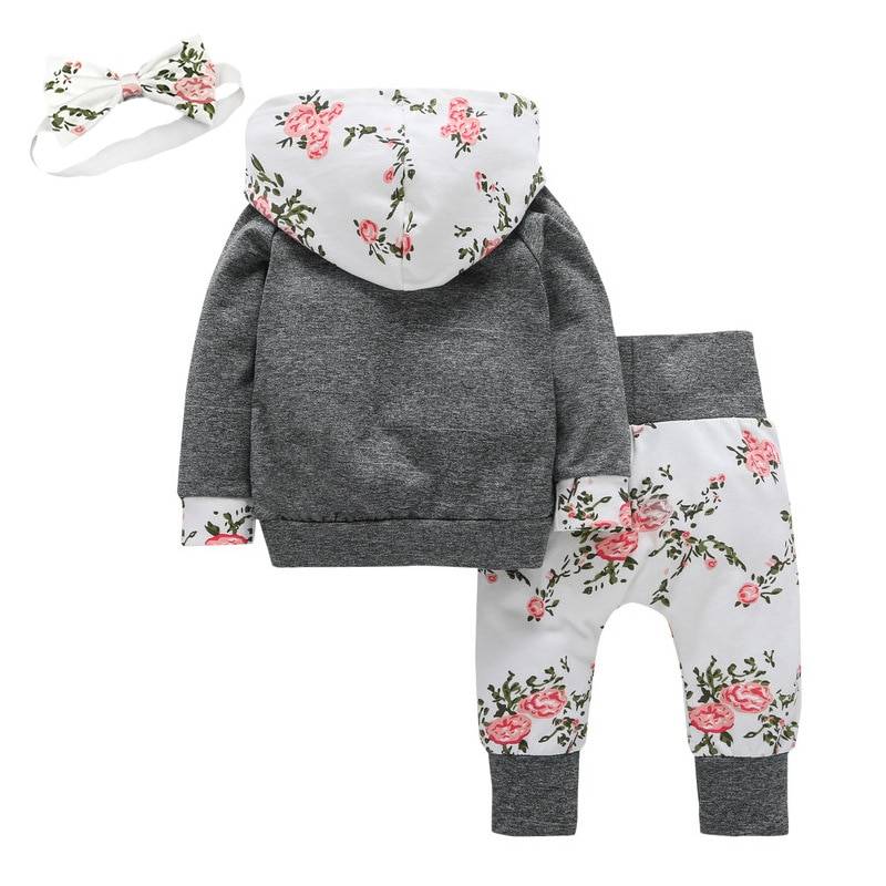 Baby Girl's Floral Hoodie and Pants Set with Headband
