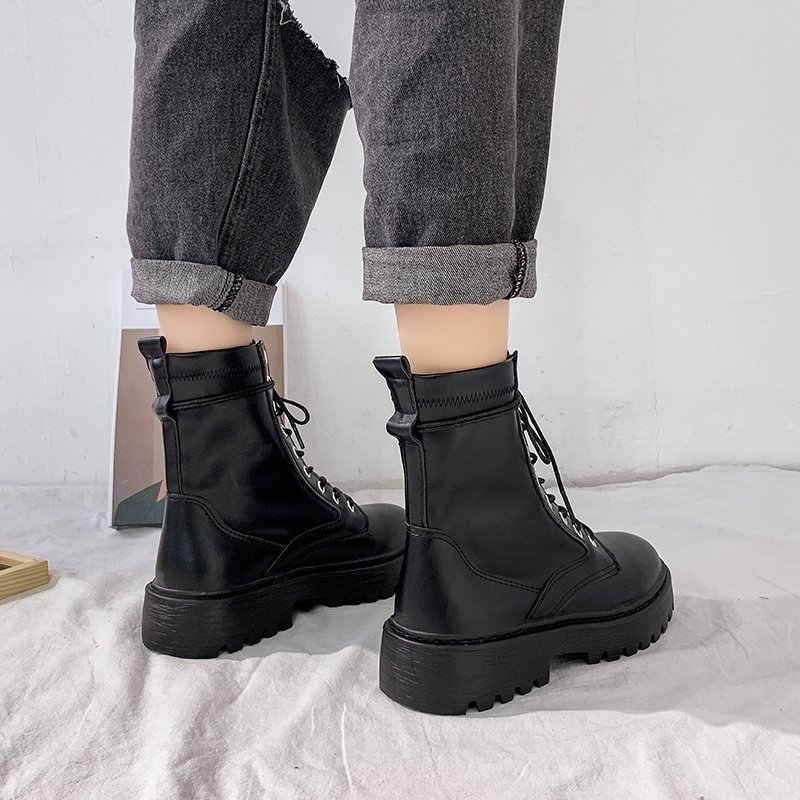Rimocy White Black PU Leather Ankle Boots Women Autumn Winter Round Toe Lace Up Shoes Woman Fashion Motorcycle Platform Botas