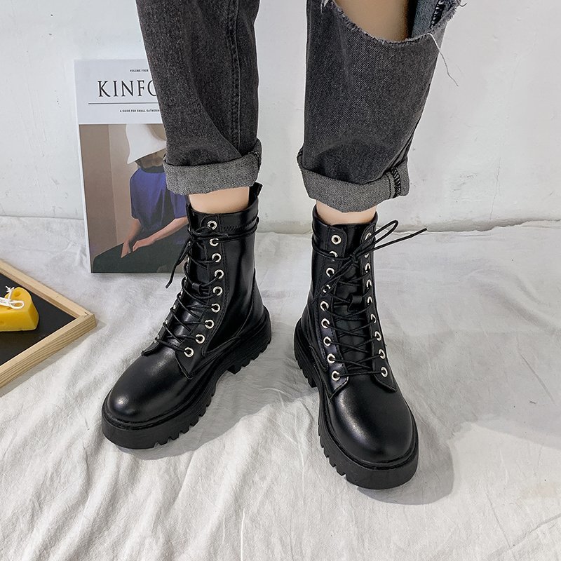 Rimocy White Black PU Leather Ankle Boots Women Autumn Winter Round Toe Lace Up Shoes Woman Fashion Motorcycle Platform Botas