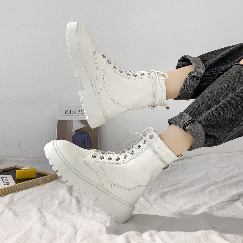 Rimocy White Black PU Leather Ankle Boots Women Autumn Winter Round Toe Lace Up Shoes Woman Fashion Motorcycle Platform Botas