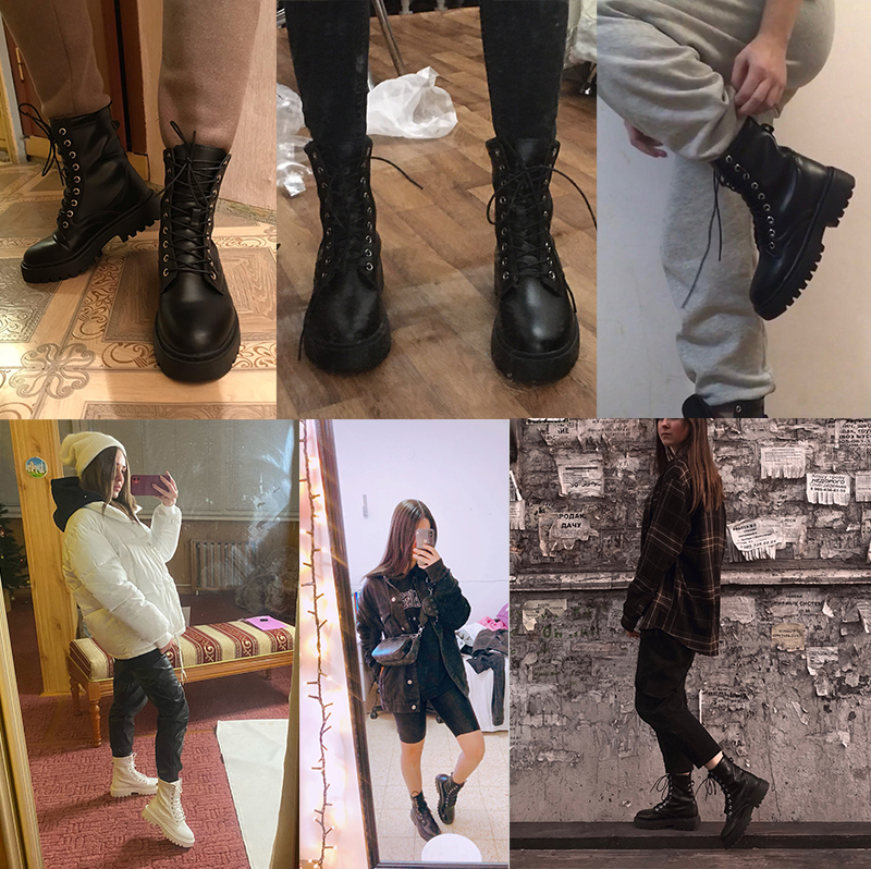 Rimocy White Black PU Leather Ankle Boots Women Autumn Winter Round Toe Lace Up Shoes Woman Fashion Motorcycle Platform Botas