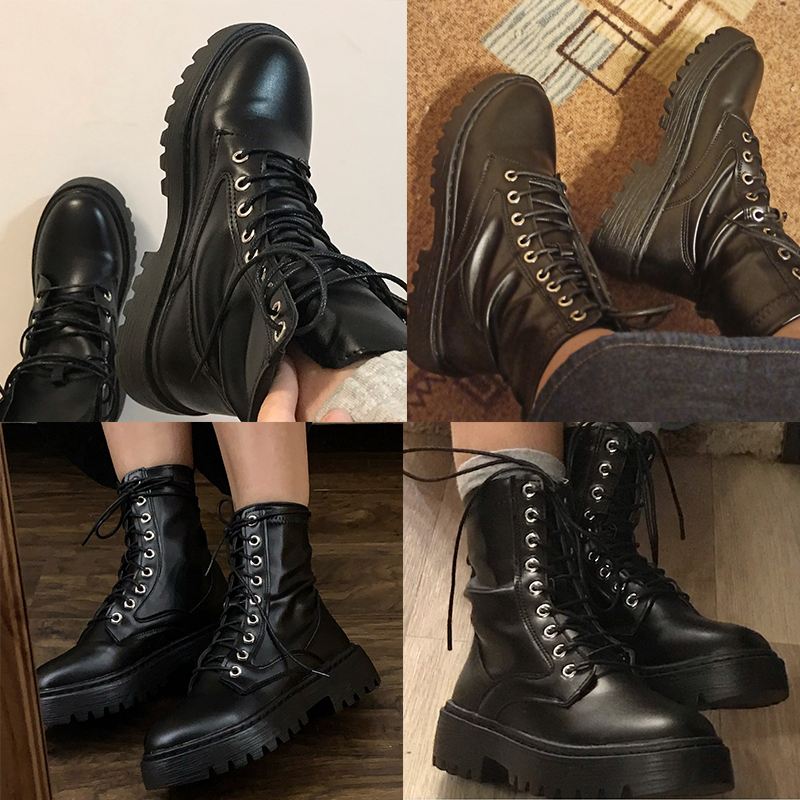 Rimocy White Black PU Leather Ankle Boots Women Autumn Winter Round Toe Lace Up Shoes Woman Fashion Motorcycle Platform Botas