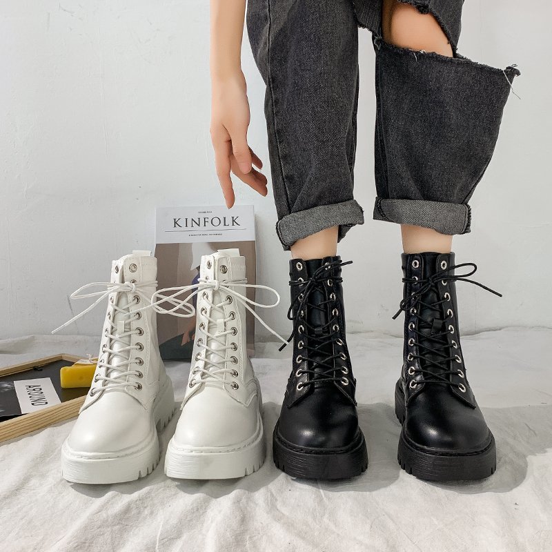 Rimocy White Black PU Leather Ankle Boots Women Autumn Winter Round Toe Lace Up Shoes Woman Fashion Motorcycle Platform Botas