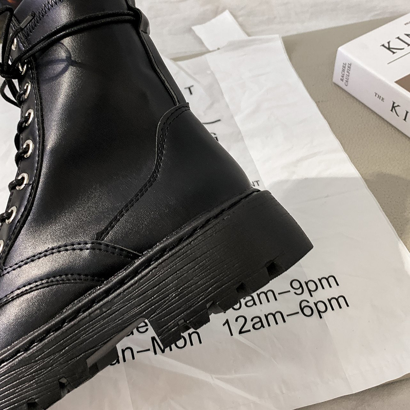 Rimocy White Black PU Leather Ankle Boots Women Autumn Winter Round Toe Lace Up Shoes Woman Fashion Motorcycle Platform Botas