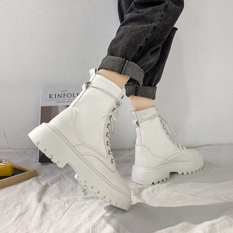 Rimocy White Black PU Leather Ankle Boots Women Autumn Winter Round Toe Lace Up Shoes Woman Fashion Motorcycle Platform Botas