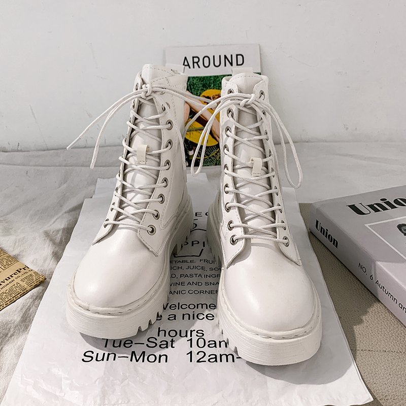 Rimocy White Black PU Leather Ankle Boots Women Autumn Winter Round Toe Lace Up Shoes Woman Fashion Motorcycle Platform Botas