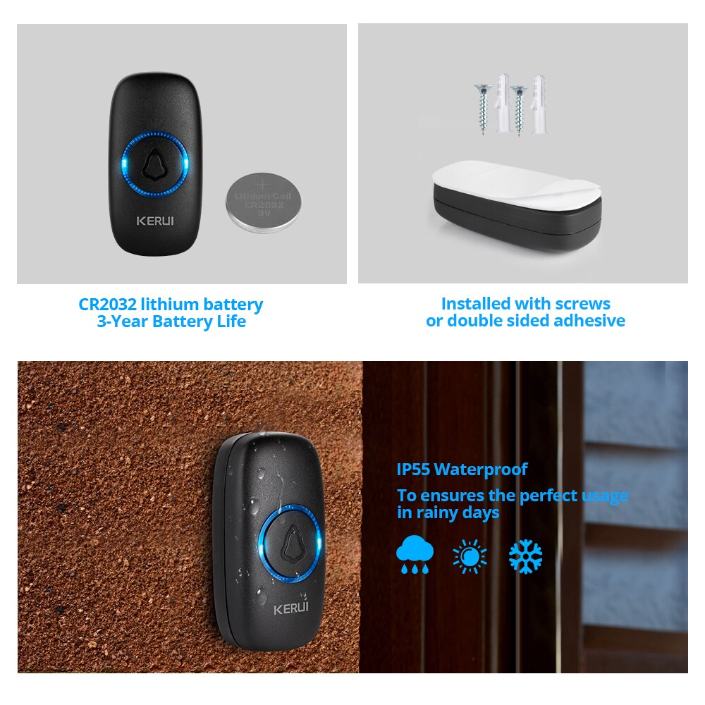 KERUI M525 Wireless Doorbell Waterproof Touch Button Home Security Welcome Smart Chimes Door bell Alarm LED light 32 Songs KERUI M525 Wireless Doorbell Waterproof Touch Button Home Security Welcome Smart Chimes Door bell Alarm LED light 32 Songs