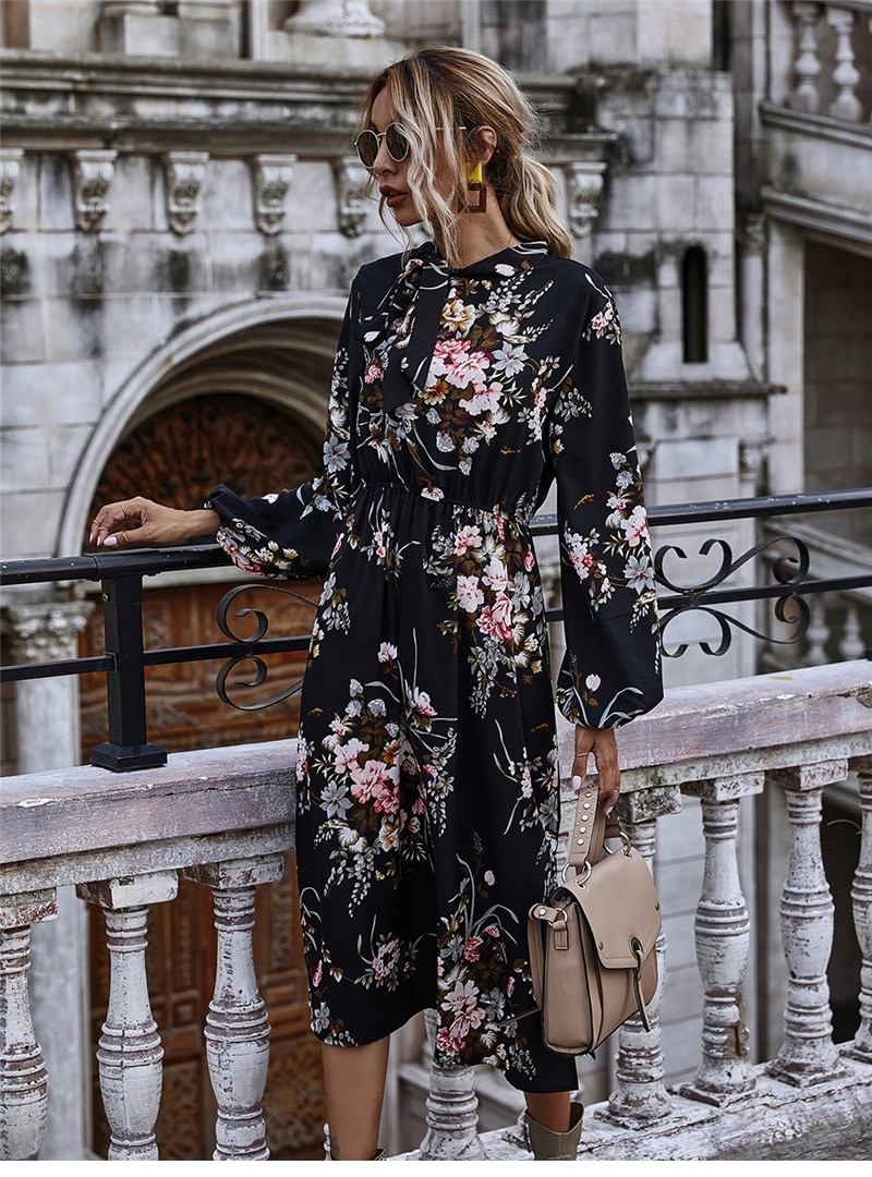 Women's Puff Sleeved Floral Printed Dress