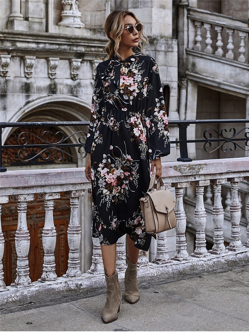 Women's Puff Sleeved Floral Printed Dress Women's Puff Sleeved Floral Printed Dress
