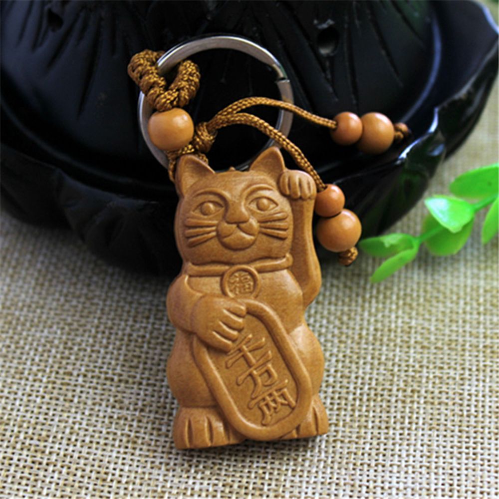 2019 New Hot Lucky Fortune Cat Carving Wooden Pendant Keychain Key Ring Chain Wood Carving Ornaments Jewelry Accessories Gifts