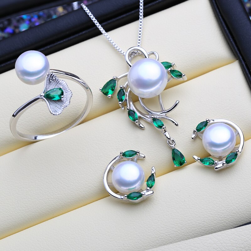 Green Stones 925 Silver Pearls Women's Jewelry 4 pcs Set