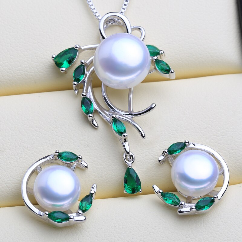 Green Stones 925 Silver Pearls Women's Jewelry 4 pcs Set